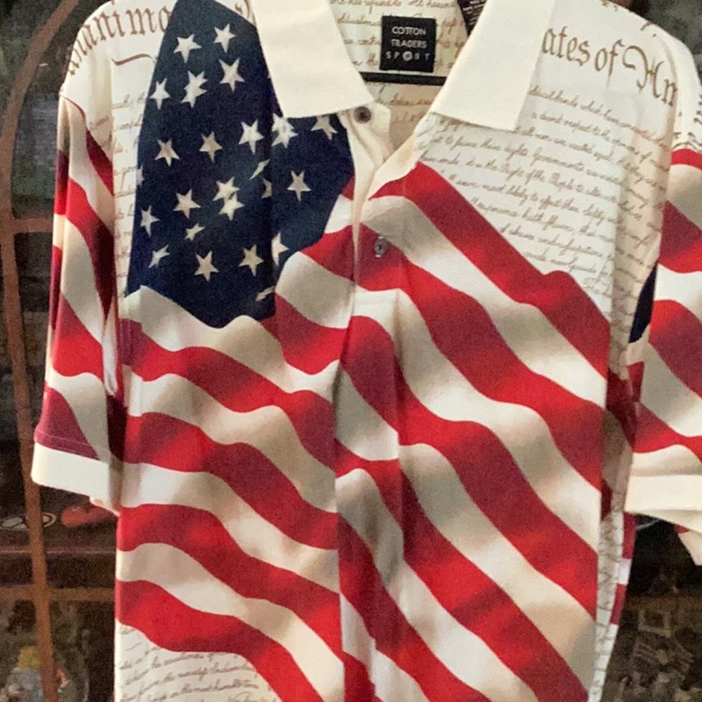 Red and White Polo Shirt with Patriotic Design